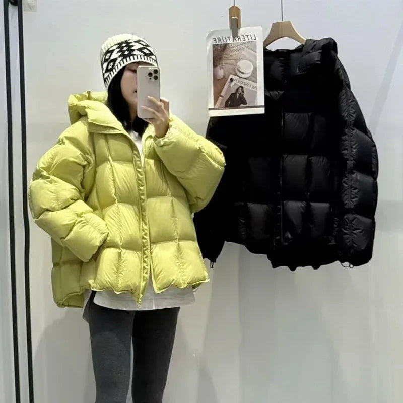 Winter Thickened Short down Cotton Jacket Women's Hooded Loose plus Size Korean Style Square Patterned Coat for Women