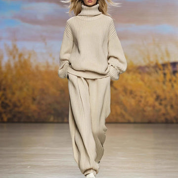 Basic high neck long sleeved top with pants set loose pocket pants set comfortable and soft sweater solid color two-piece set