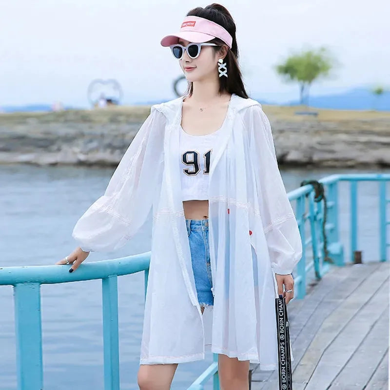 Sun Protection Clothing Female 2025 Summer New Hooded Mid-Length Windbreaker Long Sleeve Thin Jacket Women Loose Overcoat T1051