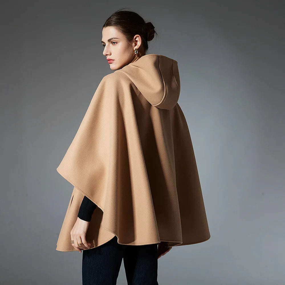 Classic Vintage Noble Woolen Coat Cape Hooded Button Pocket Loose Pure Color Cloak Women Autumn Winter Outerwear Poncho