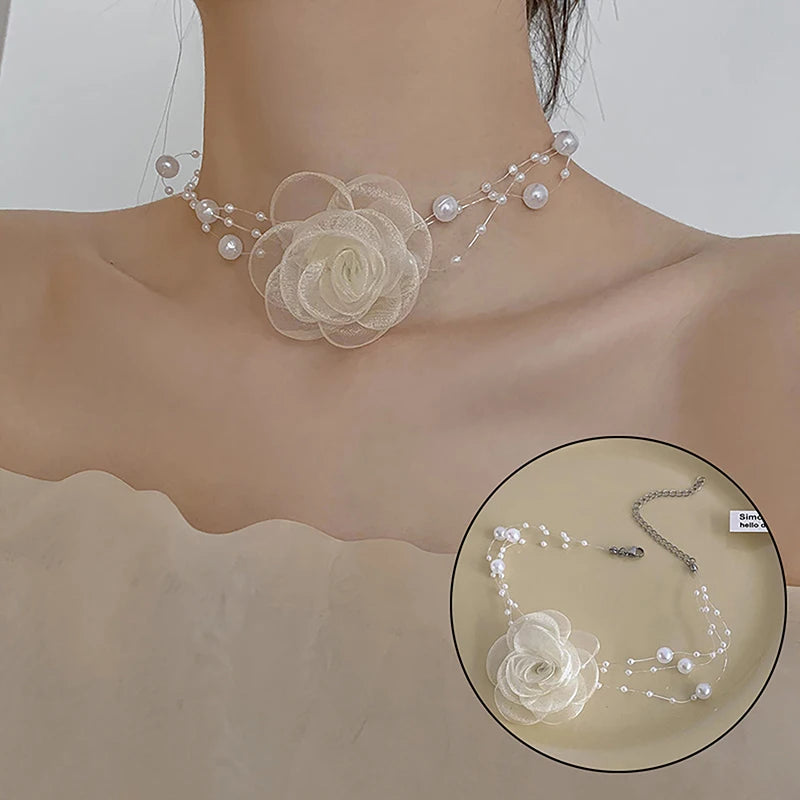 Mori Romantic Pearl Choker Camellia Necklace Summer Black White Clavicle Chain With Fabric Flowers Pearls For Women Jewelry