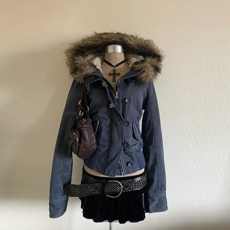 Autumn And Winter New Fashion Casual Fur Collar Jacket Female Y2K High Street Popular Padded Velvet Cotton-padded Jacket Coat
