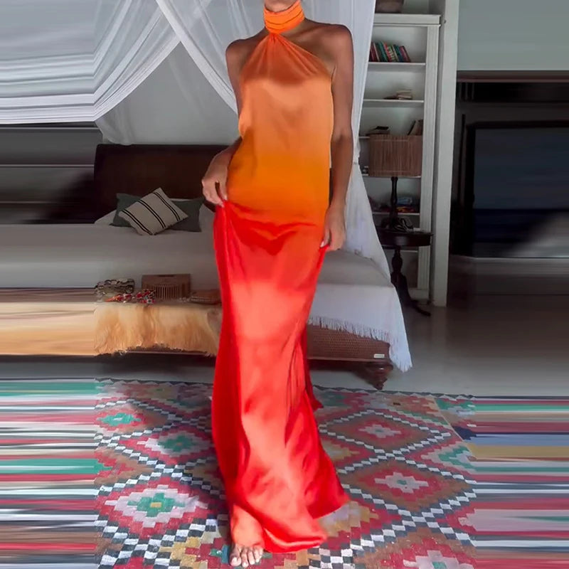 Casual Summer Sleeveless Slim Beach Dress Gradient Printed Backless Hollow Vacation Dress Lady Sexy Halter High Waist Robe Dress
