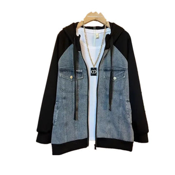 Spring Autumn New Fashion Hooded Denim Jacket Women Splicing Jeans Coat Female Casual Long Sleeve Loose Cowboy Outerwear T1479