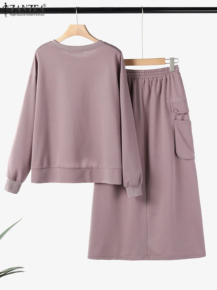 ZANZEA Daily Wear Elastic Waist Skirt Dress Sets Casual Spring Loose Solid Skirt Suits Women Knotted Hem Sweatshirt 2pcs Outfits