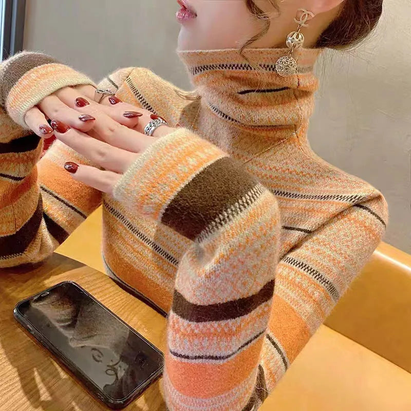 Autumn Winter Fashion All-match Slim Long Sleeve Sweaters Women Clothing Elegant Chic Striped Knit Pullovers Lady Vintage Tops