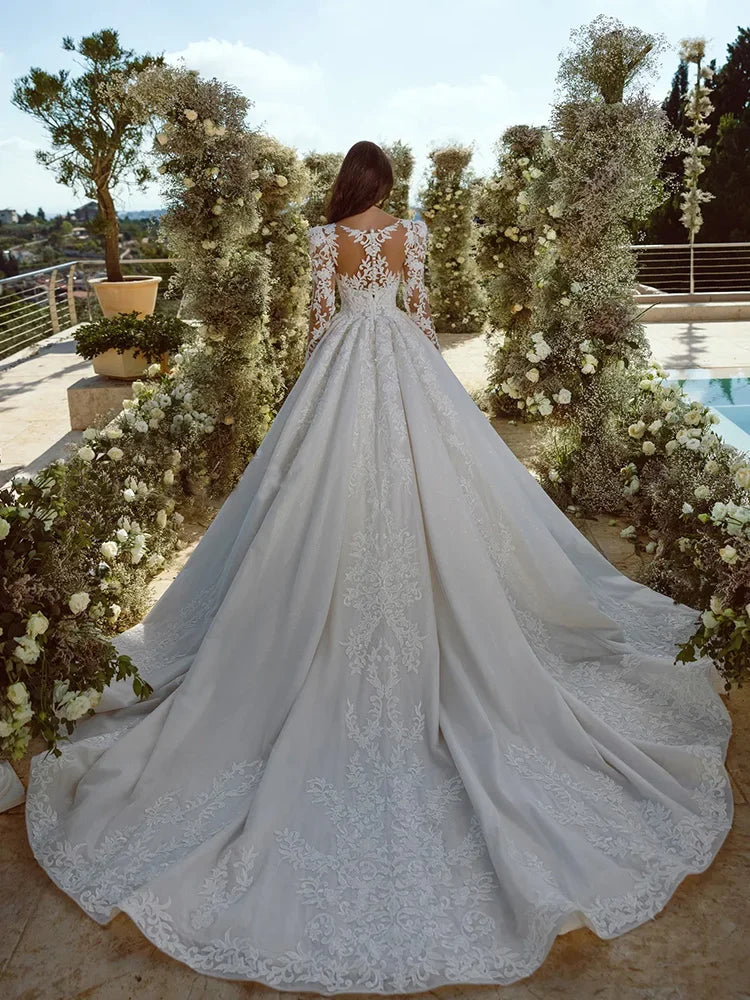 Luxury V-neck Wedding Dress for Women Long Sleeves Appliques Button Back Boho A-line Bridal Gown Vestido De Novia
