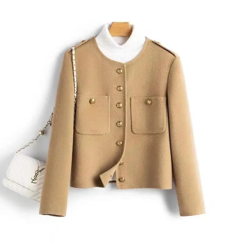 Autumn Double-Sided Cashmere Coat Women Winter New Fashion O-Neck Single-Breasted Short Camel Wool Jacket Female Outerwear T866