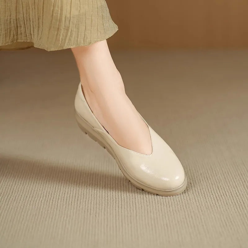 French-style Shallow-mouthed Women's Single Shoes, Round-toed Thick-soled Leather Shoes, Comfortable Grandma Shoes Flats