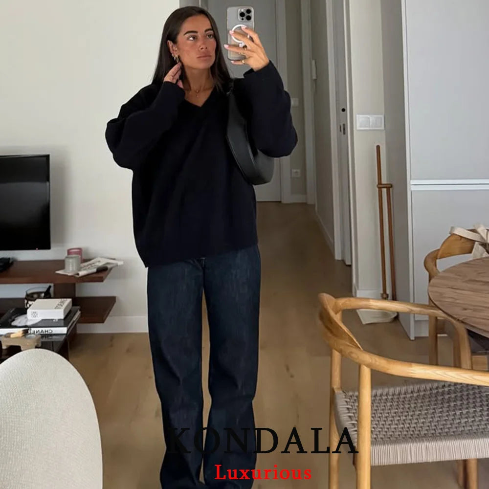KONDALA Casual V Neck Soft Knit Sweater Women V Neck Long Sleeve Loose Pullovers Fashion 2025 Autumn Winter Office Lady Tops