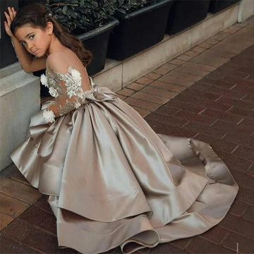 Flower Girls Dresses High Low With Long Sleeve Sweep Train Pageant Birthday Ball Gown Pageant Dresses For Girls