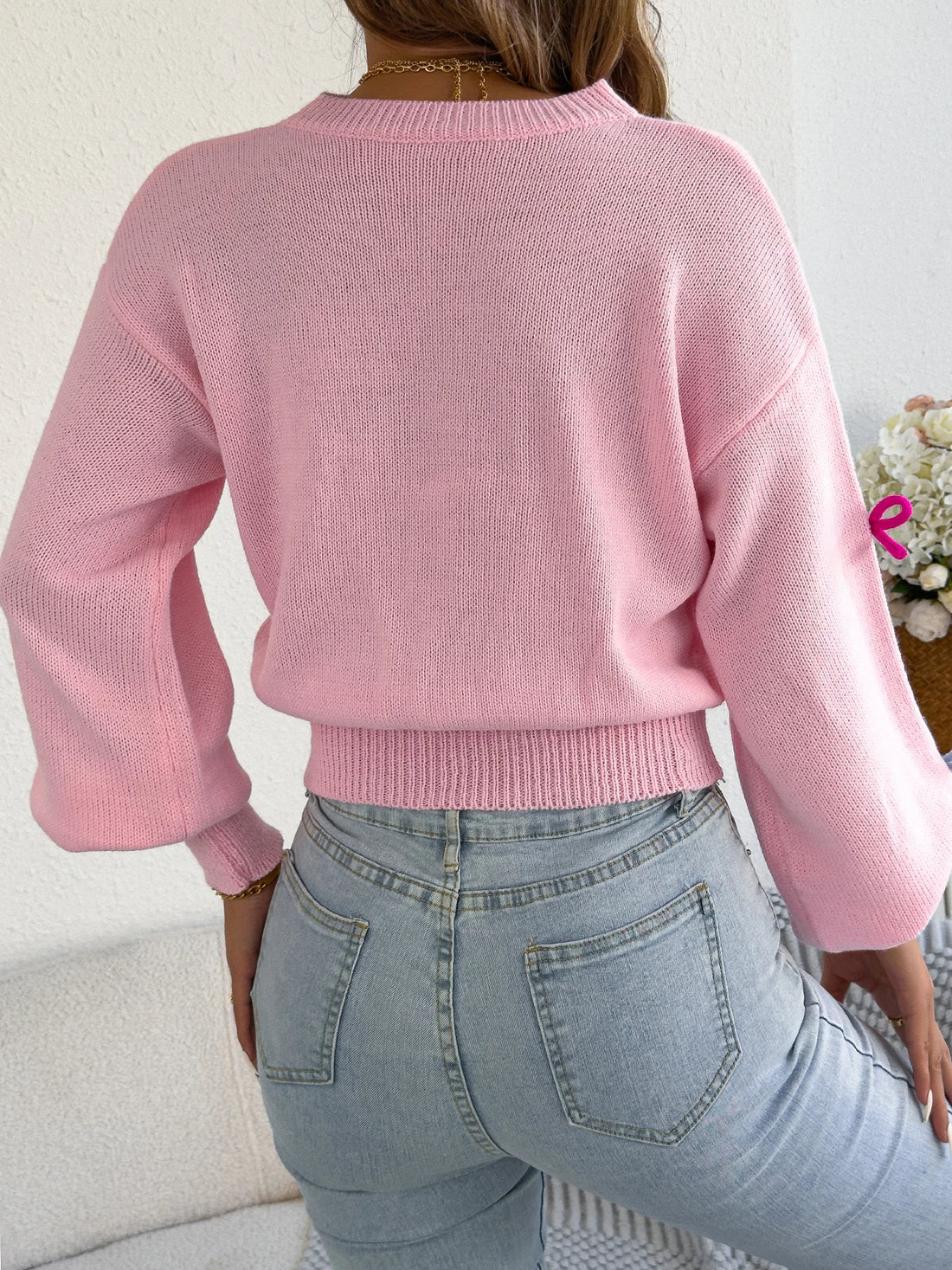 2025 Fashion Contrast Color Bows Knitted Sweaters Round Neck Lantern Long Sleeve Tops for Autumn Winter Casual Women Clothes