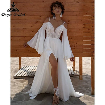 Bohemia Boho Beach Deep V Neck Backless Lace Flare Sleeve Spaghetti Straps Wedding Dresses High Split Off the Shoulder Chiffon