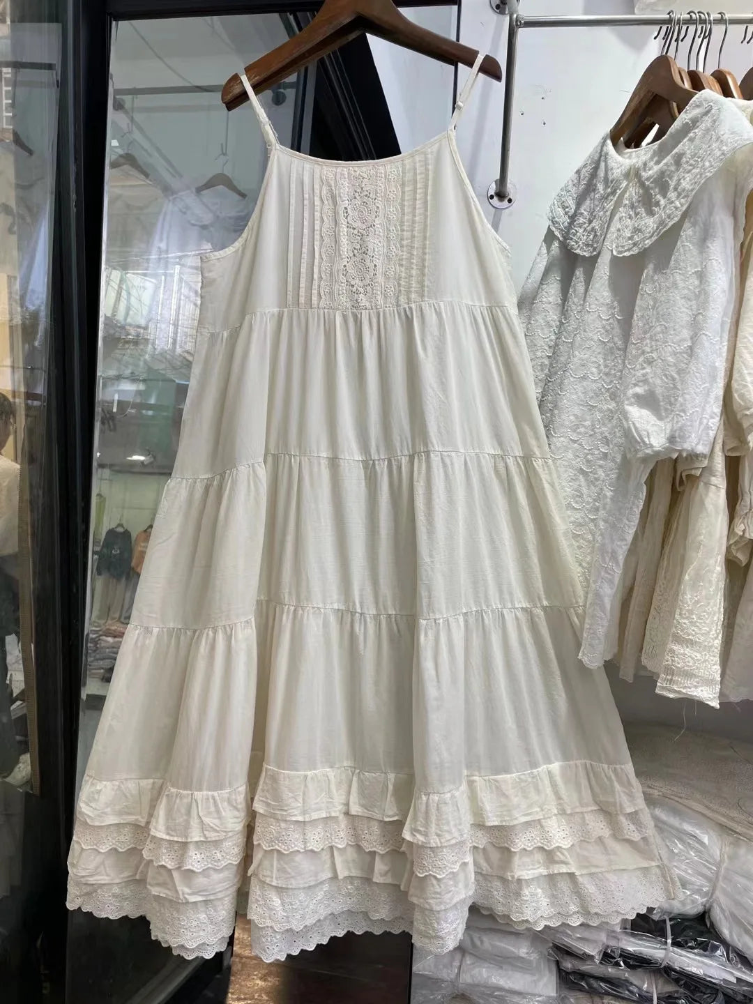 Japan style mori girl sweet cotton hollow out embroider white dress women spaghetti strap robe white beige petticoat dress