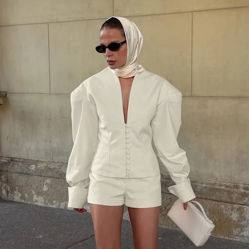 TWOTWINSTYLE Charming Fashion Two Piece Set for Women V Neck Long Sleeve Tunic Blouse Slimming Shorts Autumn Commut Suit Female
