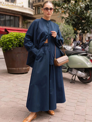 Clacive Fashion Loose Blue 2 Piece Sets Women Outfit 2024 Elegant Long Sleeve Shirt With High Waist Long Skirts Set Female