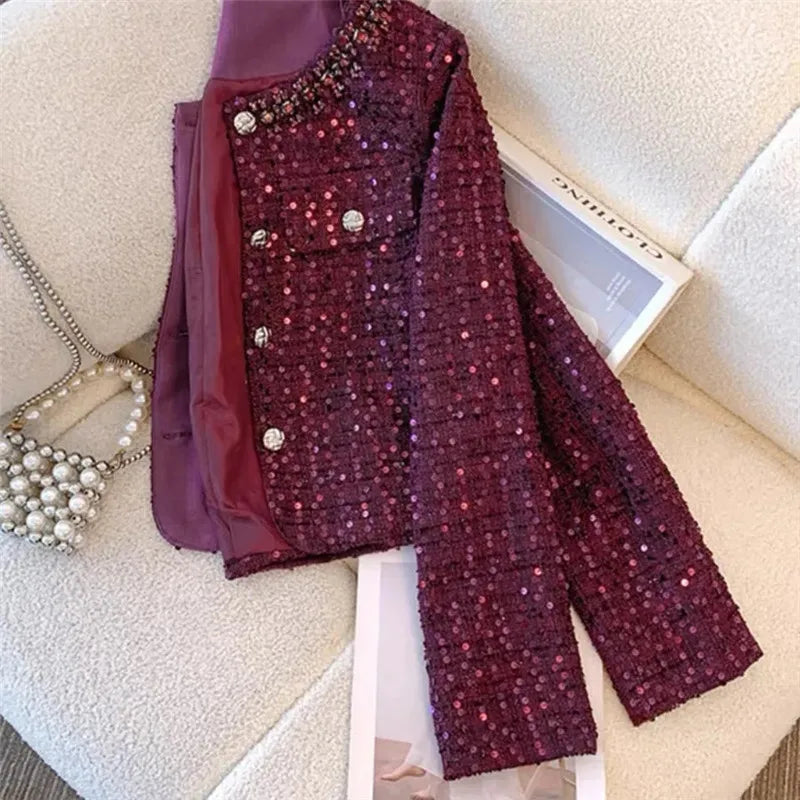 New Fashion Beading Tweed Jacket Women Winter Vintage O-Neck Single Breasted Sequins Coat Female Elegant Office Outerwear T1502