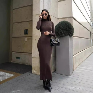 Autumn Winter High Neck Long Sleeve Knitted Dress Elegant French Style Slim Fit Striped Sweater Dress Knee Length Empire Waist