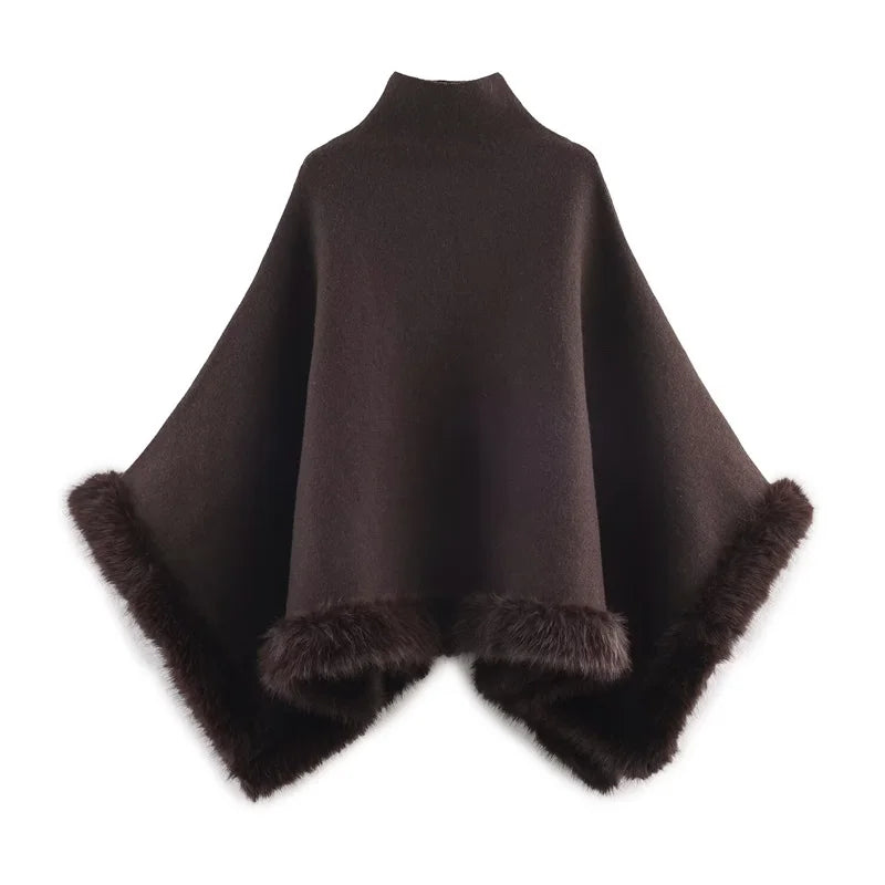 Women's Top 2025 Winter New Style Dark Brown Long Faux Fur Trim Knitted Pullover Cape Top Trendy and Stylish Elegant Temperament