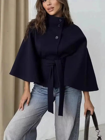 2026 New Lace Up High Neck Jackets For Women Belt Faux Wool Blends Cape Coats Autumn Winter Warm Elegant Cloak Coat Ladies