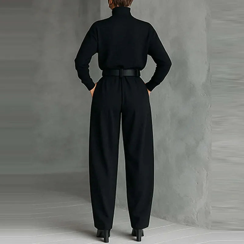 Casual Pocket Straight Suit Autumn Women's High Neck Long Sleeved Top and Pants Set Simple Solid Color High Waist Office Outfit