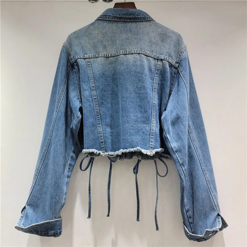 Fashion Drawstring Bandage Washed Blue Short Rough Edge Denim Coat Women 2026 Autumn New Vintage Long Sleeve Jeans Jacket T1539