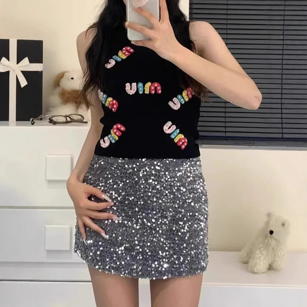 Spicy Girl Letter Print Knitted Crop Top Women's Sleeveless Slimming Vest New 2025 Inner Wear Fashionable Design