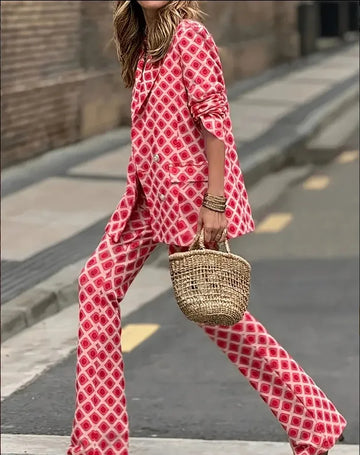 Women's Suit Suit Bohemian Print Casual Home Casual Elegant Commuter Style Long-sleeved Cardigan Top Trousers Two-piece Set