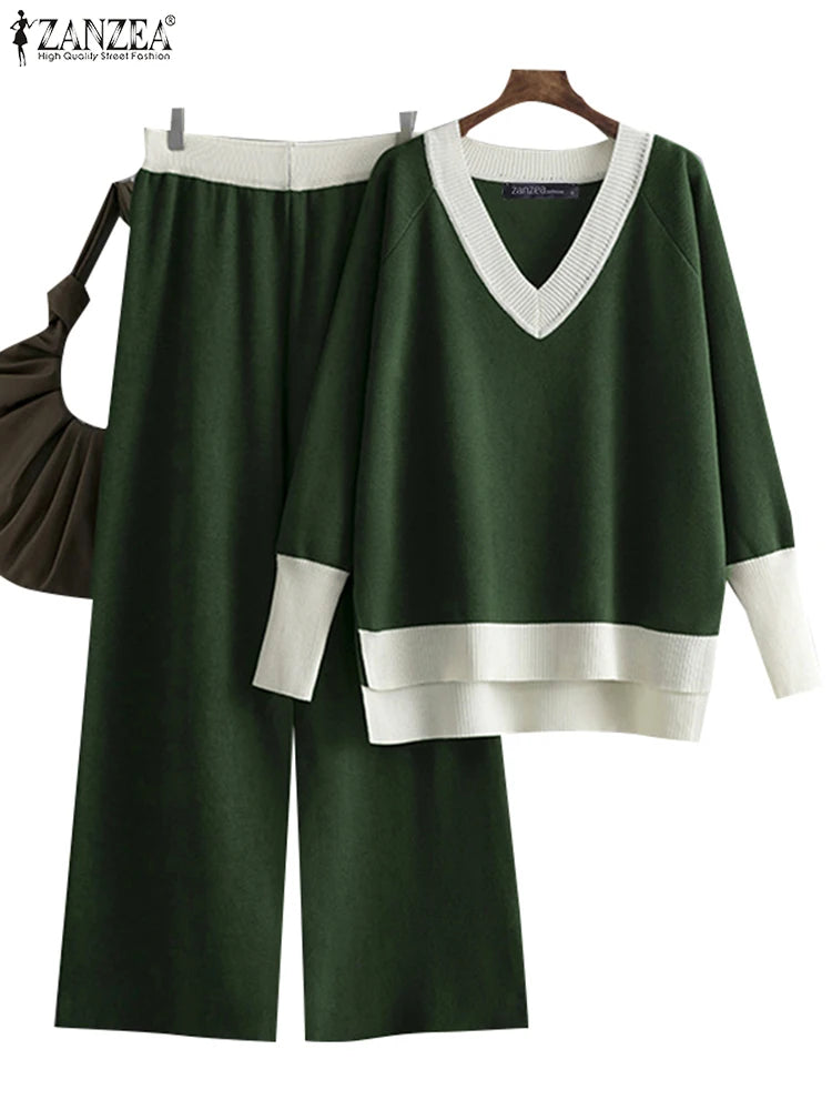 ZANZEA Women Leisure Colorblock Outfits Holiday Simple Two Piece Suits Casual Loose Autumn Pant Sets 2025 Vintage Knitted Sets