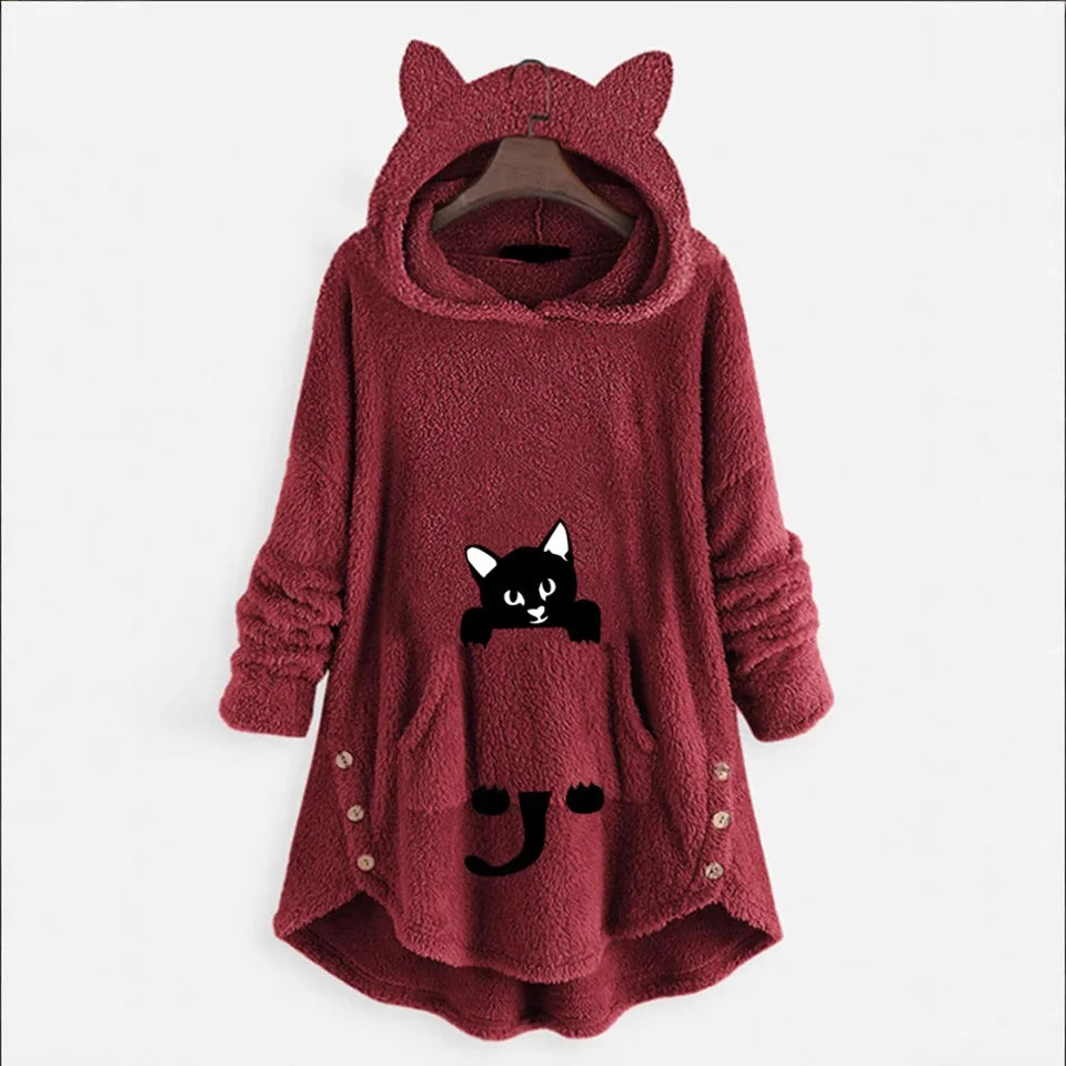 Double-Sided Furry Hooded Cat Ear Pocket Sweatshirt Women's Street Style Comfortable Casual Print Oversized Long Sleeve Top