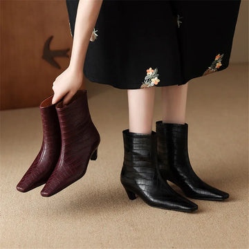 Autumn Winter Split Leather Women Boot Fashion Square Toe Boots for Women Short Boots Ladies Shoes Western Boots Zapatos Mujer