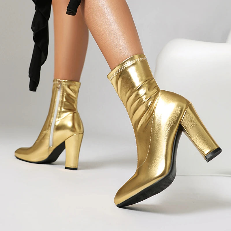 Kcenid Elegant Autumn Winter Ankle Boots for Women Gold Silver Short Boot Chunky High Heel Fashion Zipper Dance Party Shoes Lady