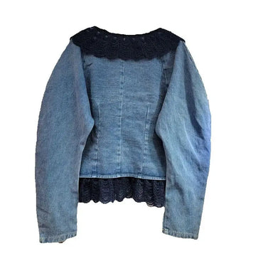 2025 Spring New Short Denim Jacket Women Fashion Lace Splicing O-Neck Puffed Sleeves Jeans Coat Female Loose Outwear Tide T1176