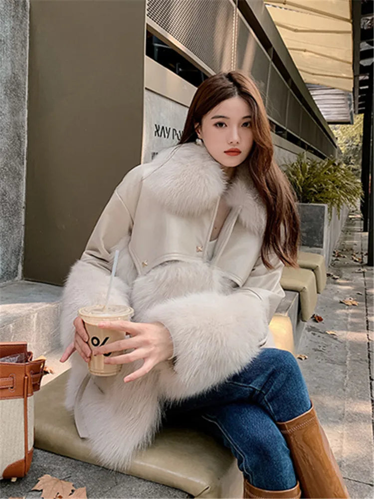 Winter Women's Leather Jacket With Real Fox Fur Collar Trim Natural Rabbit Skin With Rabbit Fur Coats Short Style Female