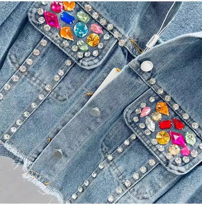 Women Hot Drilling Fringed Colorful Diamonds Denim Coat Rhinestone Beaded Jeans Jacket Cardigan Single Breasted Long Sleeve Tops