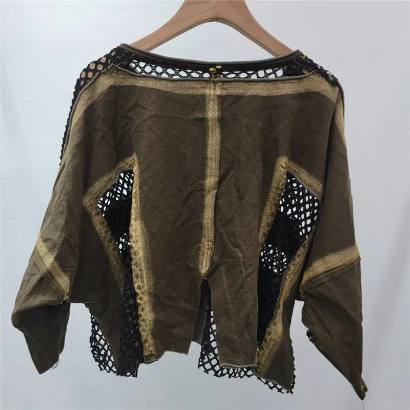 Women Fishing Net Splicing Camo Contrast Color Mesh T-shirts Vintage Gauze Tees Hollow Out Crop Tops + Haren Pants 2Pcs Sets