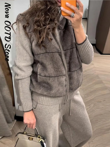 Chic Women's Faux Fur Patchwork Coat Pants Set Zipper Long Sleeve Knitted Top Wide Leg Pant 2026 Spring Lady Casual Outfits New