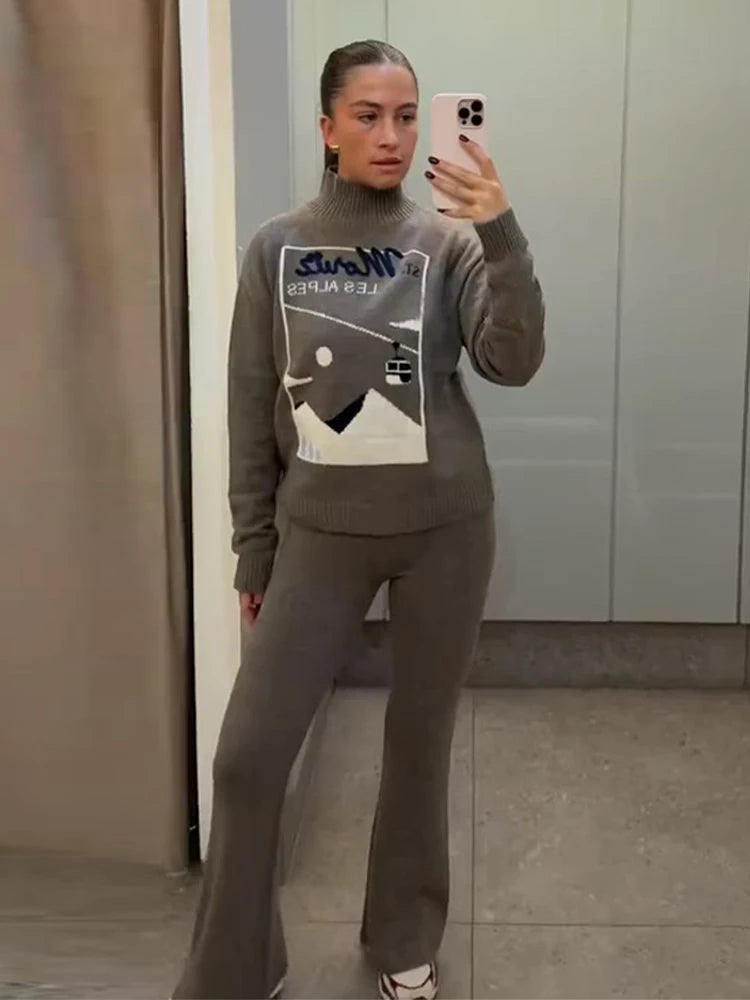 2026 Spring Autumn Casual Knitted Sweater Pants Women Suit Chic Print Full Slim Stand Collar Sweaters Slim Trouser Lady Set