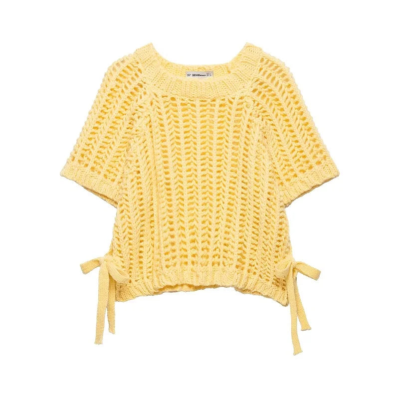MUJER 2025 Knit Crop Tops Woman Short Sleeve Pullovers Knitted Short Sweaters for Women Tied Knitwears Fashion Ladies Sweater