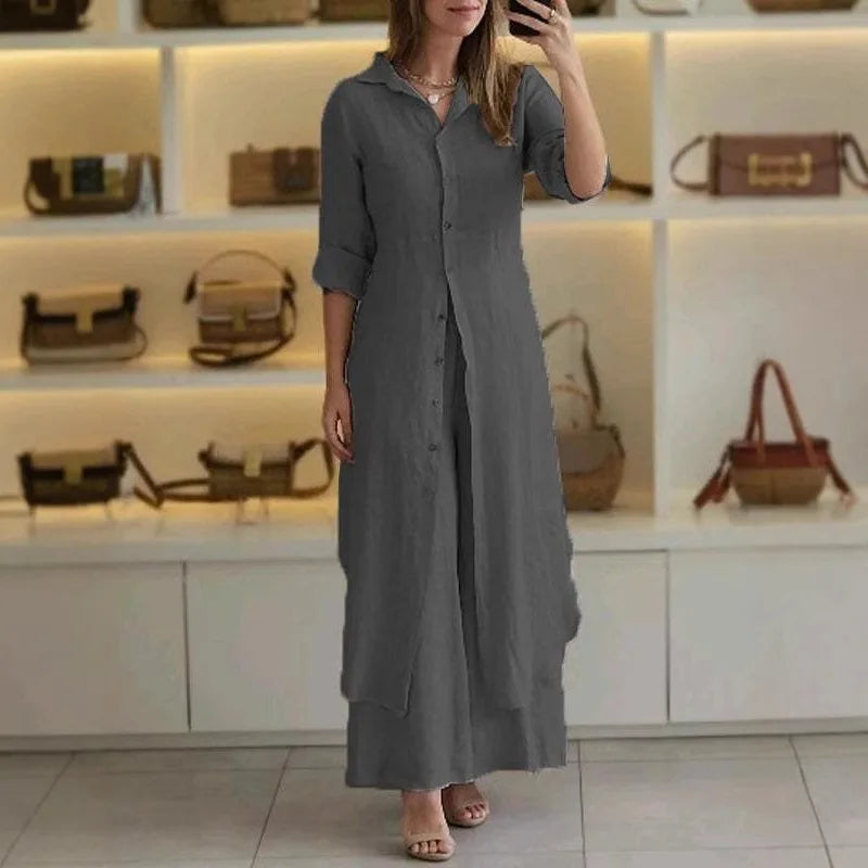 2025 Women's New Elegant Summer and Autumn Cotton and Hemp Slimming Waist Long Sleeve Shirt Wide Leg Pants Set for Women