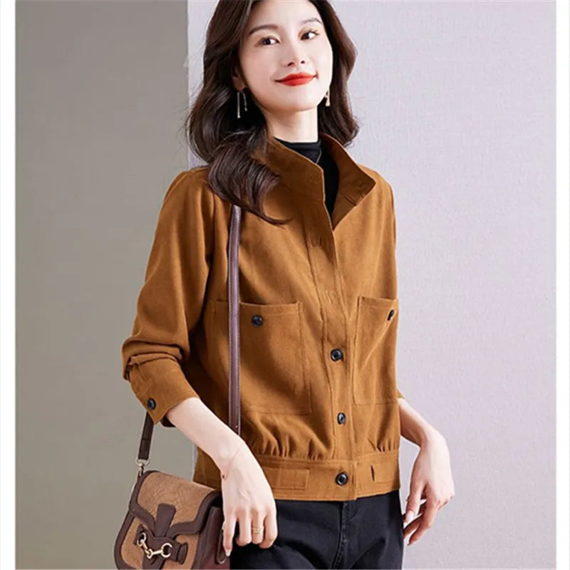 Casual Stand-Up Collar Jacket Women Autumn 2025 New Fashion Single Breasted Pocket Slim Short Coat Female Cardigan Outwear T1221
