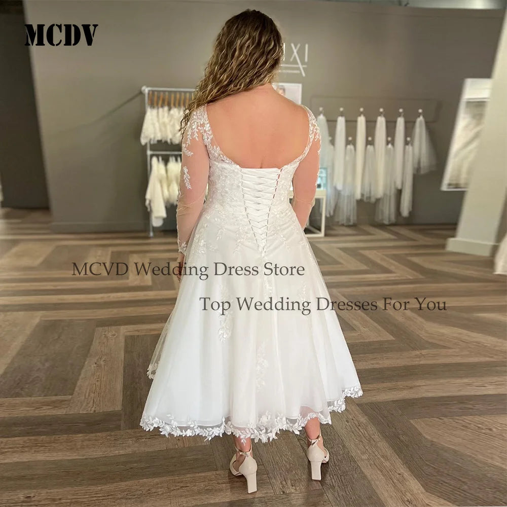MCDV Midi Civil Wedding Dresses For Large Size Applique Backless Long Sleeve Bride Gowns Elegant Summer Bridal 2026 Customized