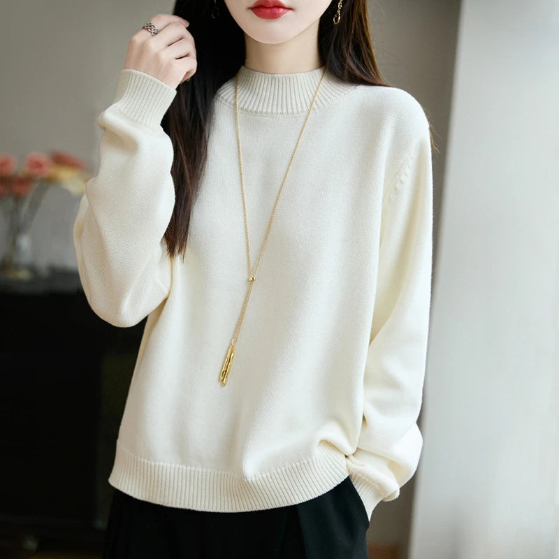 100% pure cotton women's knitted sweater solid color round neck pullover loose cotton sweater autumn and winter new women's top