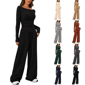 2025 Autumn New Fashion Women's Casual Set Asymmetrical Long-sleeved T-shirt Wide-leg Trousers Sportswear Women's Clothing