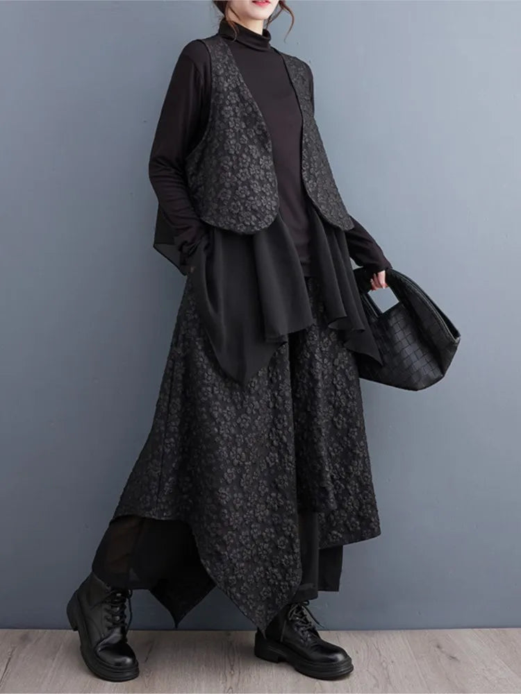 Autumn Winter Flower 2 Two Piece Set Women Modis Patchwork Chiffon Ladies Vests Irregular Pleated Loose Wide Leg Woman Pants