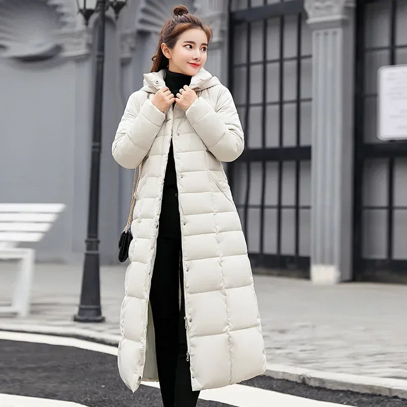 Fashion Warm Long Coat Parka Puffer Solid Color Hooded Down Snow Outwear Long Sleeve Winter Clothes Women Fur Quilted Jackets