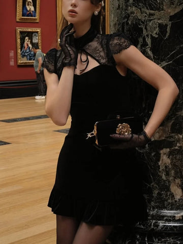 Lace Patchwork Velvet Dress Elegant Black Short Sleeve Lace Up Ruffled A-line Mini Women Dresses 2026 Lady Vacation Party Gown