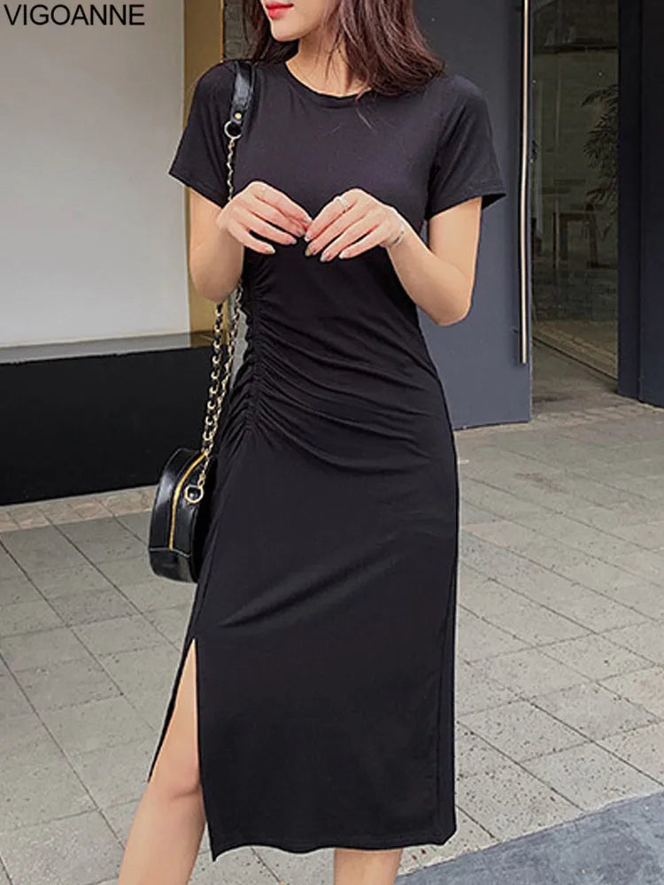 VigoAnne 2025 Woman Short Sleeve Black Bodycon Dress Female Summer Korean Sexy O Neck Slit Dresses Lady Solid Tight Long Dress