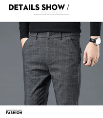 Spring Autumn Korea Business Men Pants Cotton Comfortable Elastic Plaid Casual Fashion Trousers Male Suit Pant