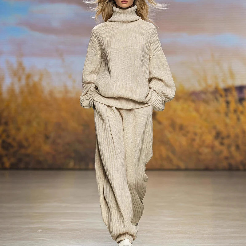 Comfortable Soft Sweater Solid Color Two Piece Loose Pocket Pants Set Basic High Collar Long Sleeve Top with Pants Set